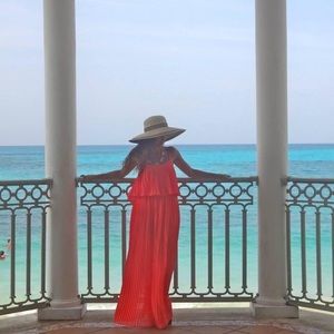 Coral pleated maxi dress